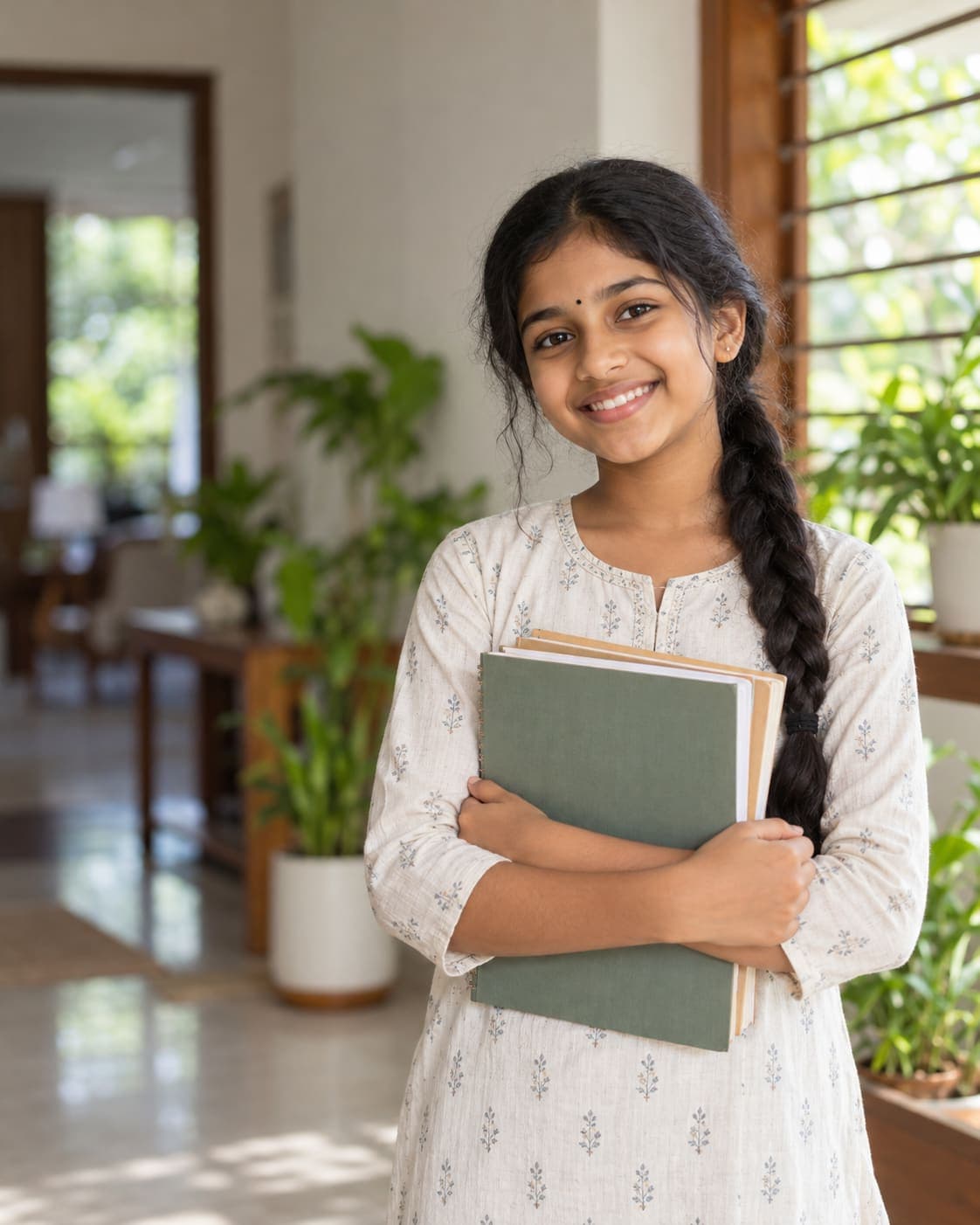 Smiling girl holding her notebooks at home