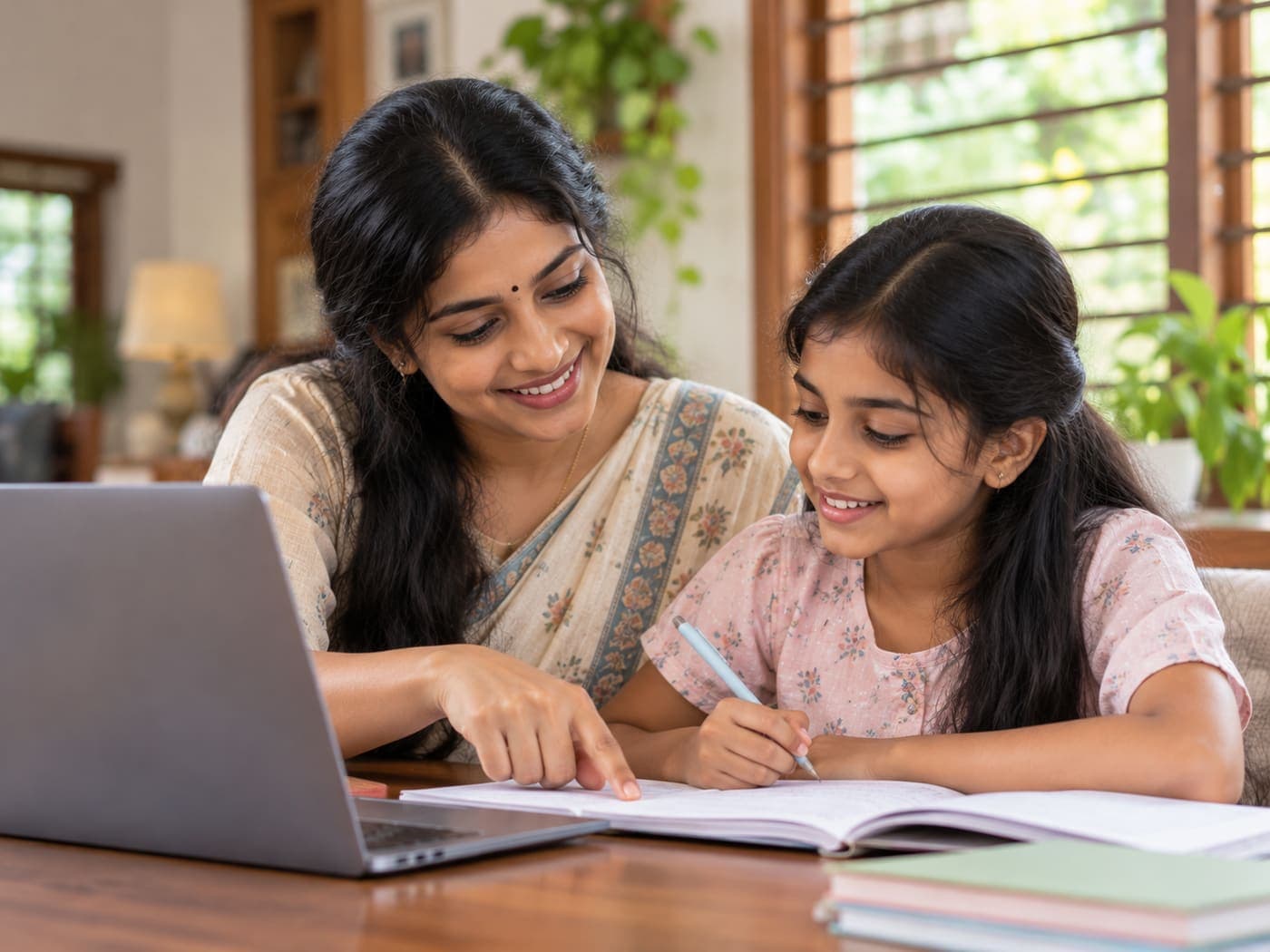 Teacher helping a girl with her notebook beside a laptop